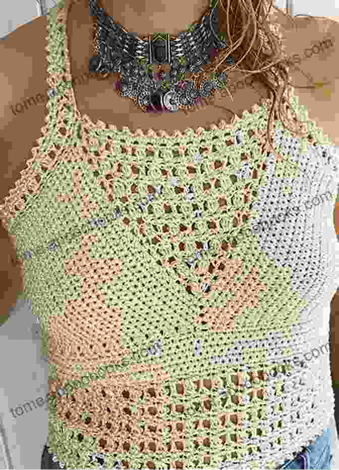 A Woman Wearing A Beautiful Seamless Crochet Summer Top. Lace Crochet Motif Fairy Hem Scallop Trim Scoopneck Shell Pattern: A Modern Seamless Crochet Pattern For A Beautiful Summer Top